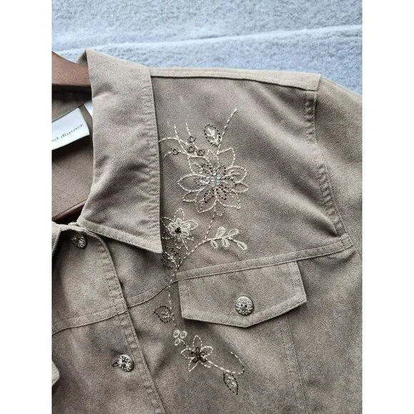 Alfred Dunner Womens Embroidered Tan Jacket & Elastic Waist Pants Set Size 20 Co - Picture 2 of 9